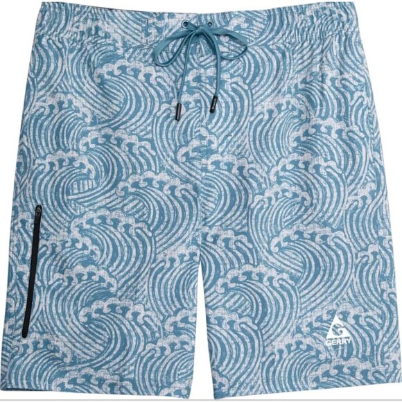 Gerry Mens Wood Cut‎ Waves Swim Trunks XXL Aqua Blue Pocket - Picture 1 of 11
